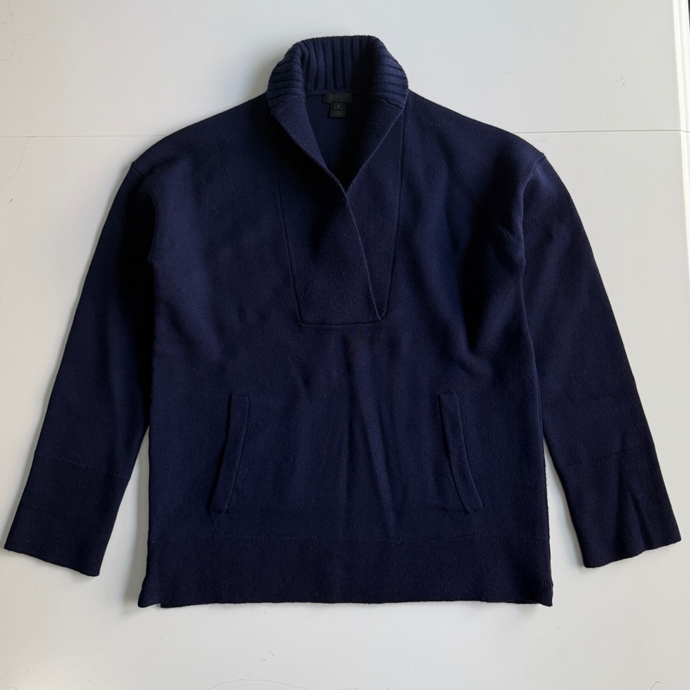 J. Crew Shawl Popover Sweater Navy Bonded Wool Sz Small‎ S Preppy Classic Pocket